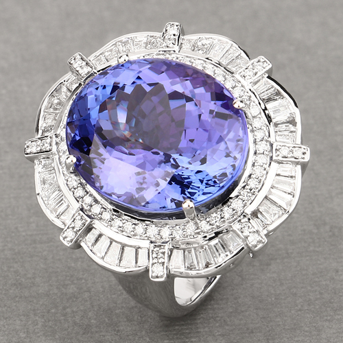 19.50 Carat Genuine Tanzanite and White Diamond 18K White Gold Ring