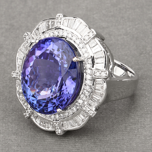 19.50 Carat Genuine Tanzanite and White Diamond 18K White Gold Ring