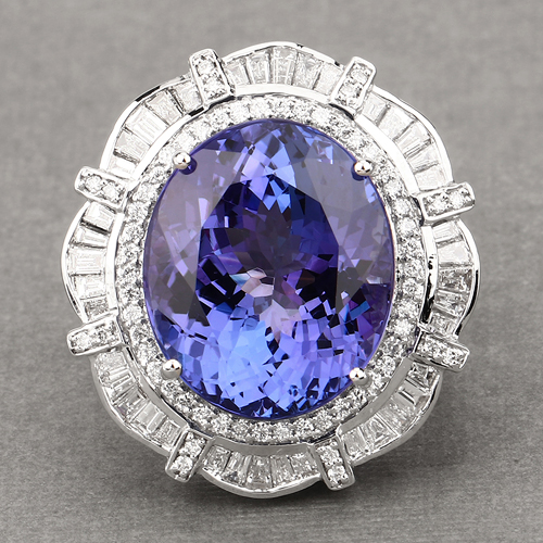 19.50 Carat Genuine Tanzanite and White Diamond 18K White Gold Ring