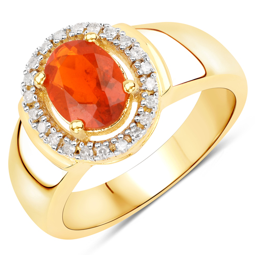 Opal-0.92 Carat Genuine Fire Opal and White Diamond .925 Sterling Silver Ring
