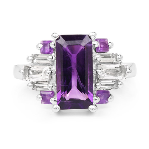4.20 Carat Genuine Amethyst and White Topaz .925 Sterling Silver Ring