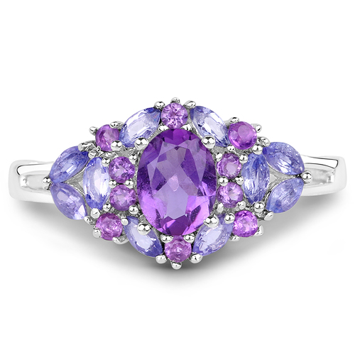2.25 Carat Genuine Amethyst and Tanzanite .925 Sterling Silver Ring