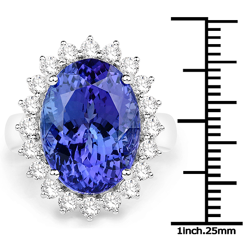 16.24 Carat Genuine Tanzanite and White Diamond 18K White Gold Ring