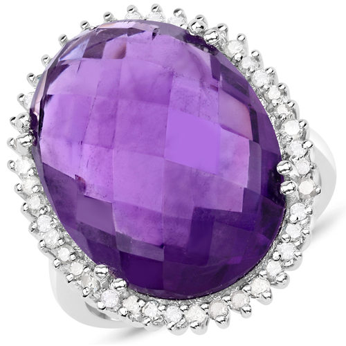 Amethyst-14.90 Carat Genuine Amethyst and White Diamond .925 Sterling Silver Ring