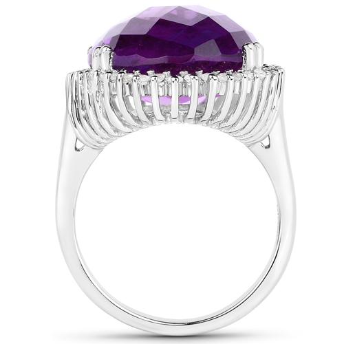 14.90 Carat Genuine Amethyst and White Diamond .925 Sterling Silver Ring