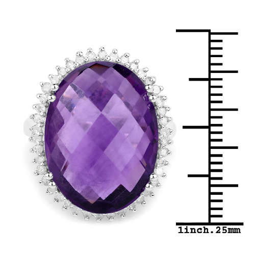14.90 Carat Genuine Amethyst and White Diamond .925 Sterling Silver Ring