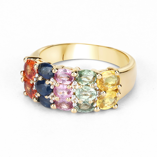 14K Yellow Gold Plated 3.27 Carat Genuine Multi Sapphire .925 Sterling Silver Ring