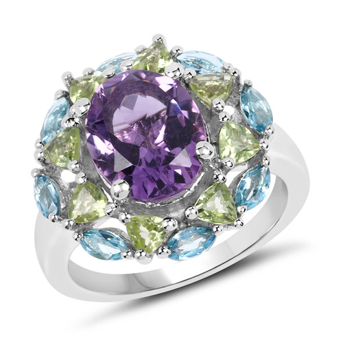 4.86 Carat Genuine Amethyst Tanzanite and White Topaz .925 Sterling Silver Ring