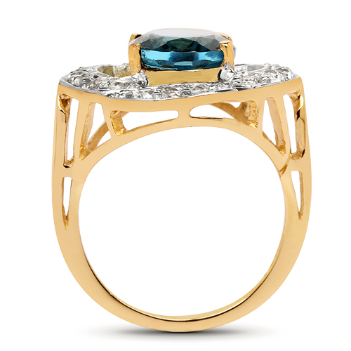 14K Yellow Gold Plated 5.13 Carat Genuine London Blue Topaz & White Topaz .925 Sterling Silver Ring