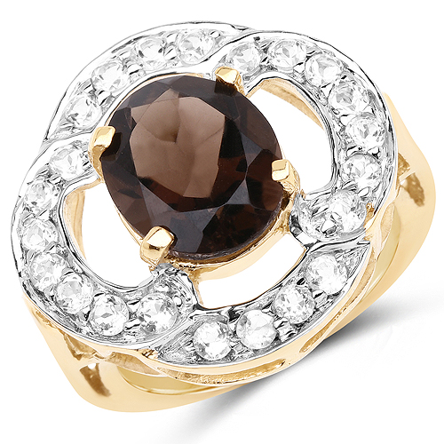 Rings-14K Yellow Gold Plated 3.87 Carat Genuine Smoky Quartz and White Topaz .925 Sterling Silver Ring