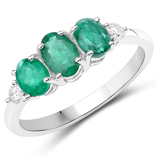 Emerald-1.14 Carat Genuine Zambian Emerald and White Diamond 14K White Gold Ring