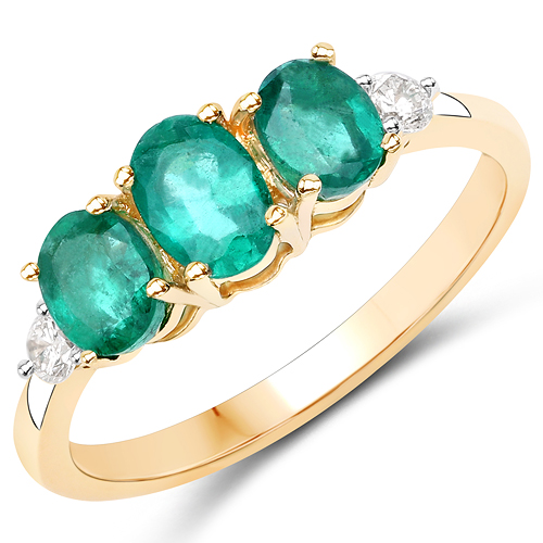 Emerald-1.14 Carat Genuine Zambian Emerald and White Diamond 14K Yellow Gold Ring