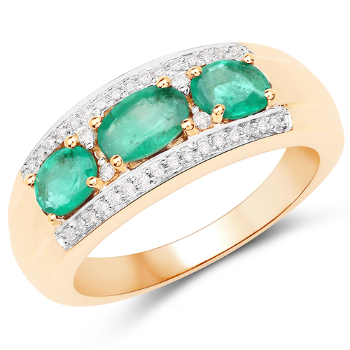 Emerald-1.13 Carat Genuine Zambian Emerald and White Diamond 14K Yellow Gold Ring