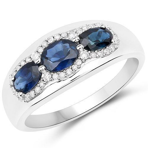Sapphire-0.89 Carat Genuine Blue Sapphire and White Diamond 14K White Gold Ring