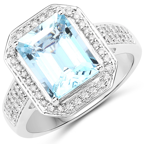 Rings-3.25 Carat Genuine Aquamarine and White Diamond 14K White Gold Ring