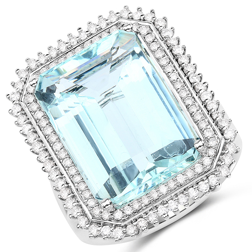 Rings-13.65 Carat Genuine Aquamarine and White Diamond 14K White Gold Ring