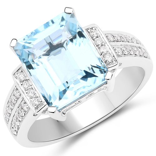 Rings-4.87 Carat Genuine Aquamarine and White Diamond 14K White Gold Ring