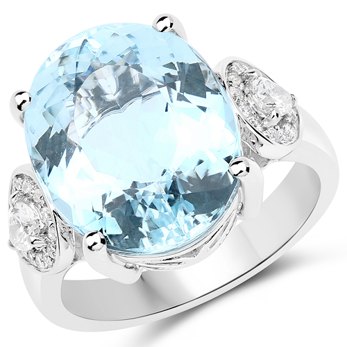 Rings-9.41 Carat Genuine Aquamarine and White Diamond 14K White Gold Ring