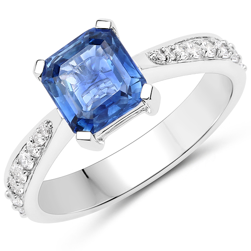 Sapphire-2.19 Carat Genuine Cylone Sapphire and White Diamond 14K White Gold Ring