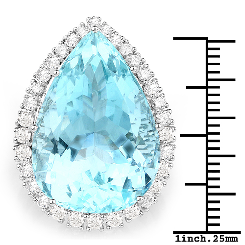 25.66 Carat Genuine Aquamarine and White Diamond 14K White Gold Ring