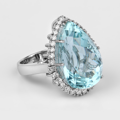 25.66 Carat Genuine Aquamarine and White Diamond 14K White Gold Ring