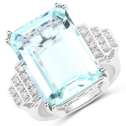 Rings-12.44 Carat Genuine Aquamarine and White Diamond 14K White Gold Ring