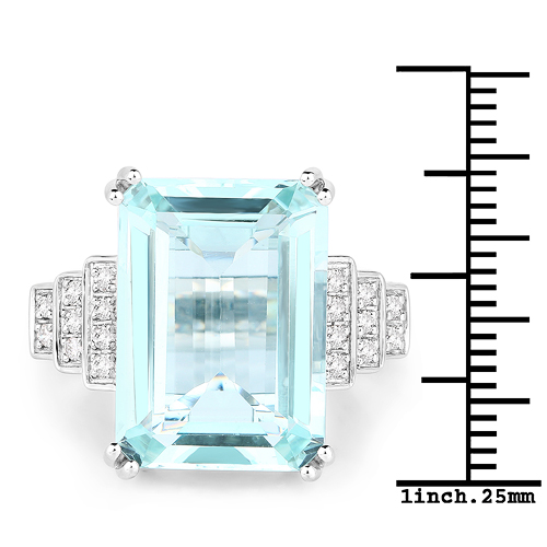 12.44 Carat Genuine Aquamarine and White Diamond 14K White Gold Ring