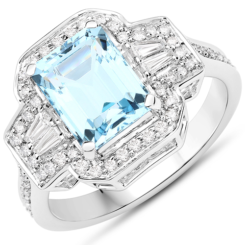 Rings-2.68 Carat Genuine Aquamarine and White Diamond 14K White Gold Ring