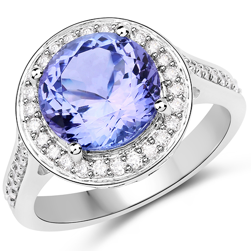 Tanzanite-4.61 Carat Genuine Tanzanite and White Diamond 14K White Gold Ring