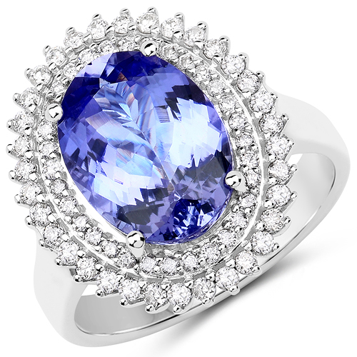 Tanzanite-4.90 Carat Genuine Tanzanite and White Diamond 14K White Gold Ring