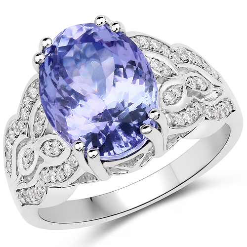 Tanzanite-6.27 Carat Genuine Tanzanite and White Diamond 14K White Gold Ring