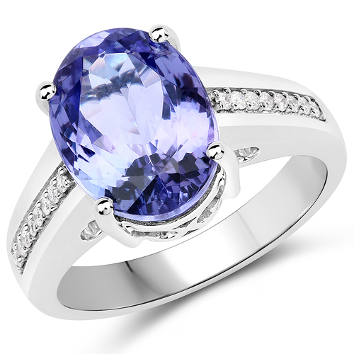 Tanzanite-5.38 Carat Genuine Tanzanite and White Diamond 14K White Gold Ring