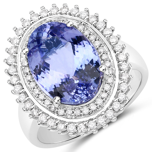 Tanzanite-6.83 Carat Genuine Tanzanite and White Diamond 14K White Gold Ring