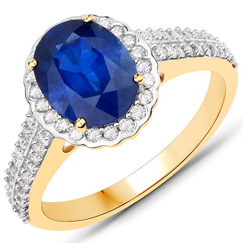 Sapphire-2.37 Carat Genuine Blue Sapphire and White Diamond 14K Yellow Gold Ring