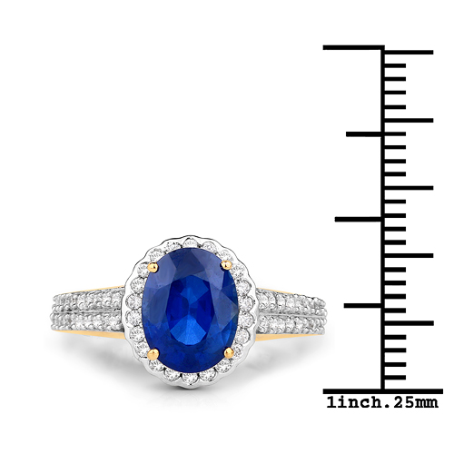 2.37 Carat Genuine Blue Sapphire and White Diamond 14K Yellow Gold Ring