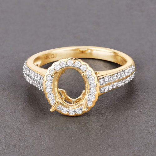 0.42 Carat Genuine White Diamond 14K Yellow Gold Semi Mount Ring - holds 9x7mm Oval Gemstone