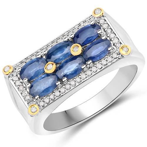 Sapphire-1.47 Carat Genuine Blue Sapphire and White Diamond 14K Yellow Gold with .925 Sterling Silver Ring
