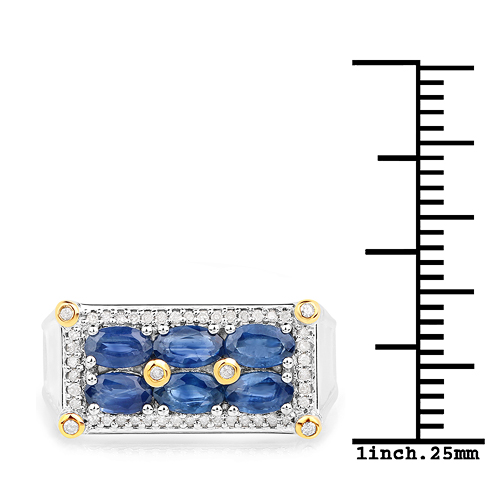 1.47 Carat Genuine Blue Sapphire and White Diamond 14K Yellow Gold with .925 Sterling Silver Ring