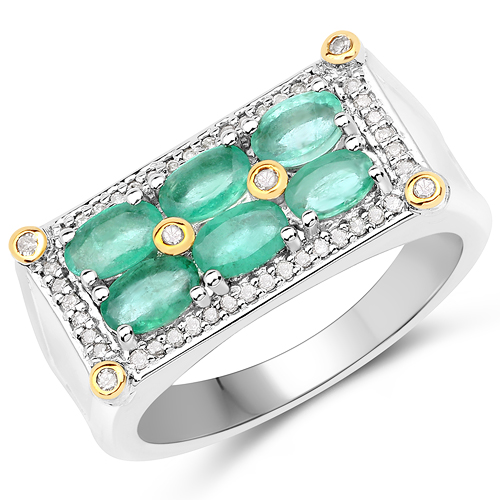 1.29 Carat Genuine Zambian Emerald and White Diamond 14K Yellow Gold with .925 Sterling Silver Ring
