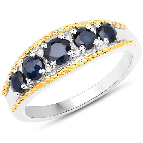 Sapphire-0.77 Carat Genuine Blue Sapphire and White Diamond 14K Yellow Gold with .925 Sterling Silver Ring