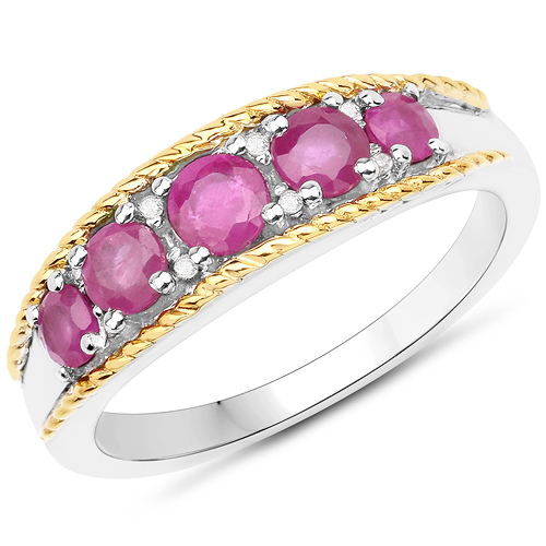 Ruby-1.04 Carat Genuine Ruby and White Diamond 14K Yellow Gold with .925 Sterling Silver Ring