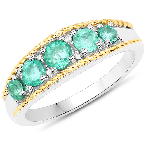 Emerald-0.75 Carat Genuine Zambian Emerald and White Diamond 14K Yellow Gold with .925 Sterling Silver Ring