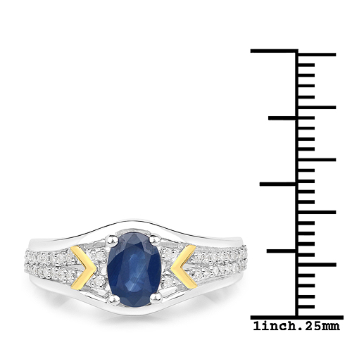 1.07 Carat Genuine Blue Sapphire and White Diamond 14K Yellow Gold with .925 Sterling Silver Ring