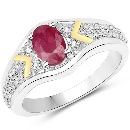 Ruby-0.97 Carat Genuine Ruby and White Diamond 14K Yellow Gold with .925 Sterling Silver Ring