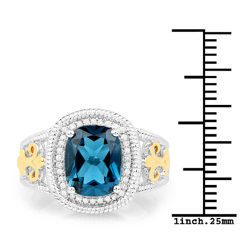 3.59 Carat Genuine London Blue Topaz and White Diamond 14K Yellow Gold with .925 Sterling Silver Ring