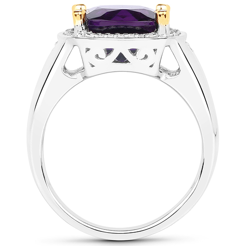 3.20 Carat Genuine Amethyst and White Diamond 14K Yellow Gold with .925 Sterling Silver Ring