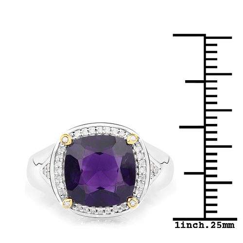 3.20 Carat Genuine Amethyst and White Diamond 14K Yellow Gold with .925 Sterling Silver Ring