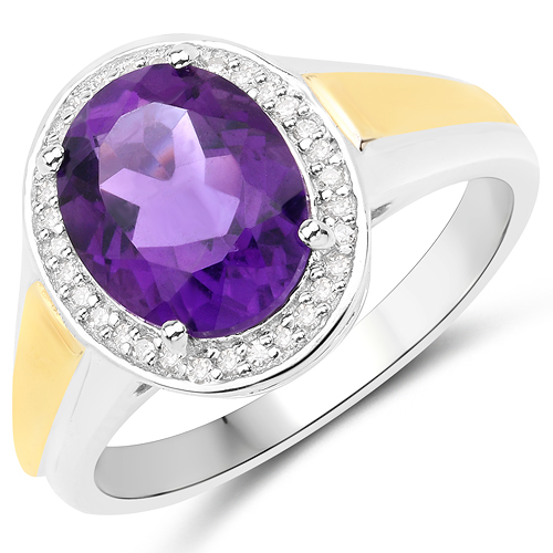 Amethyst-2.28 Carat Genuine Amethyst and White Diamond 14K Yellow Gold with .925 Sterling Silver Ring