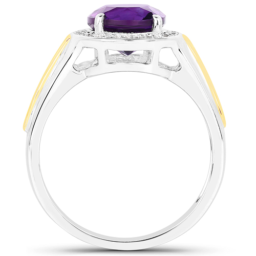 2.28 Carat Genuine Amethyst and White Diamond 14K Yellow Gold with .925 Sterling Silver Ring