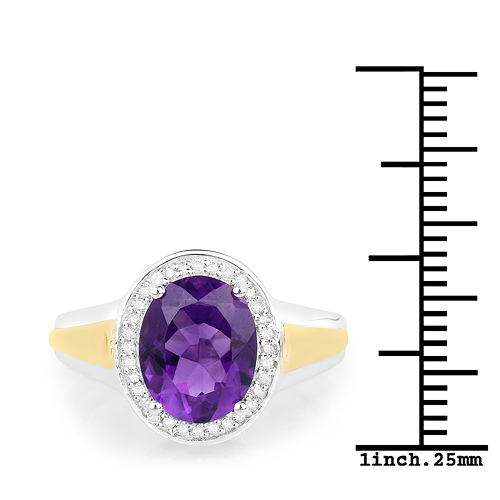 2.28 Carat Genuine Amethyst and White Diamond 14K Yellow Gold with .925 Sterling Silver Ring